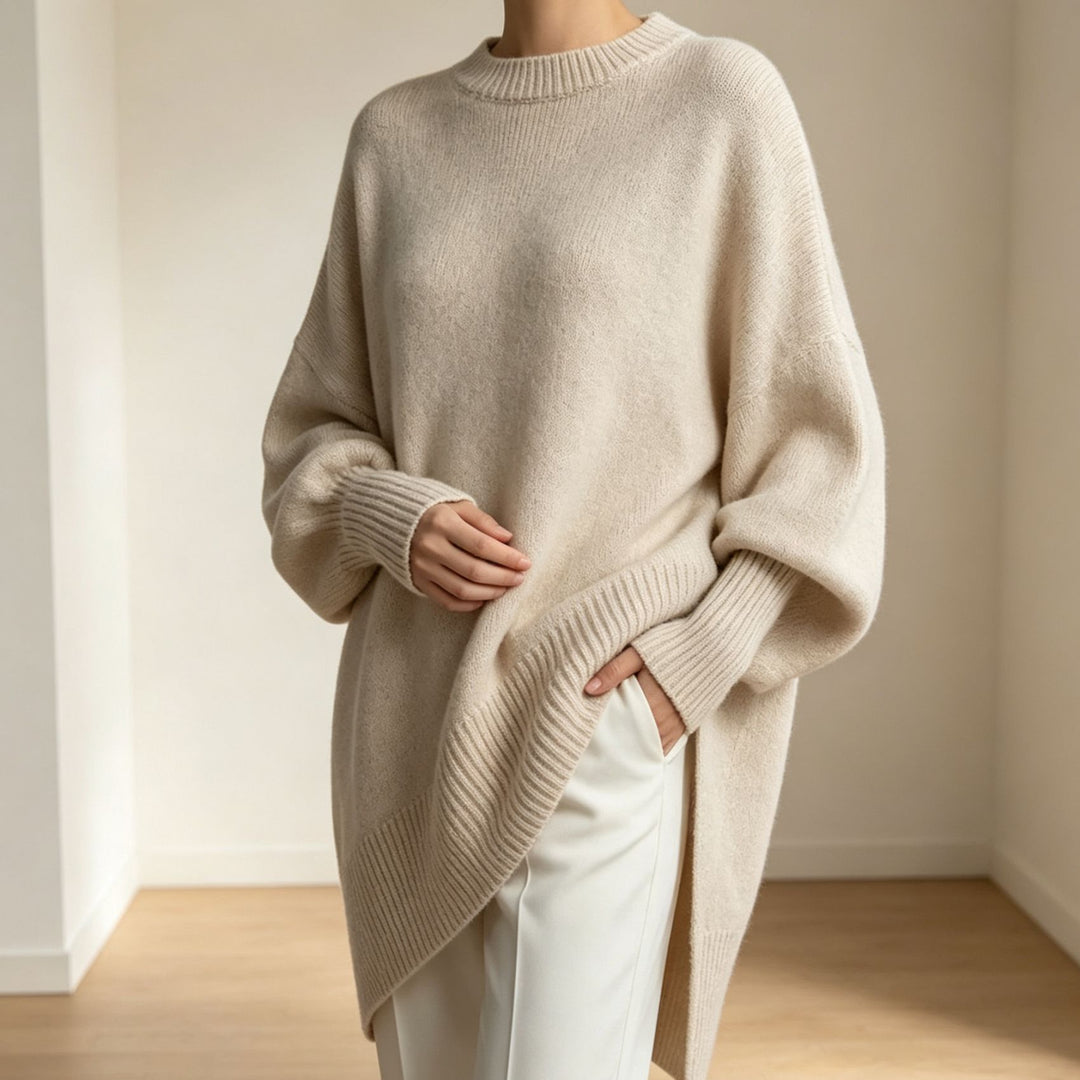 Damen Oversize Longline Feinstrick-Pullover mit Raglanärmeln und geripptem Saum Drune