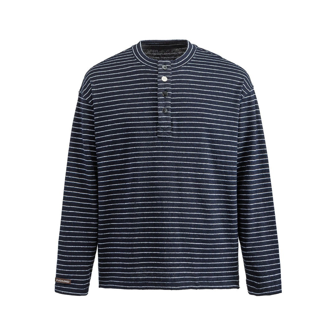 Herren Feinstrick-Henleyshirt mit kurzem Knopfleiste und horizontalem Streifenmuster Drune