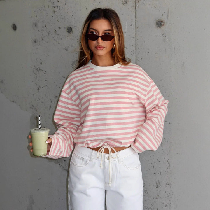 Damen lässiger gestreifter Crop-Pullover mit Kordelzug Drune