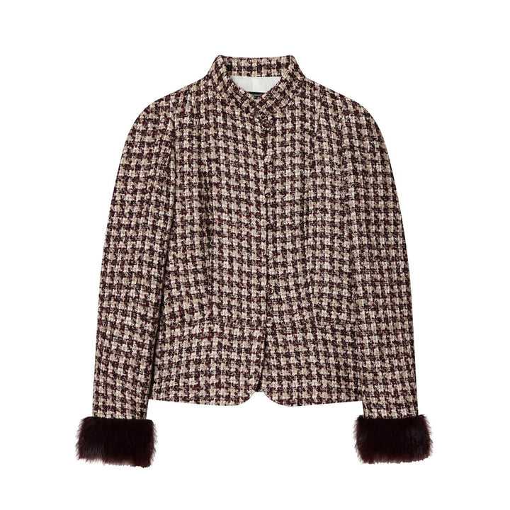 Damen Kurze Bouclé-Tweed-Jacke mit Stehkragen und Kunstfellmanschetten Drune