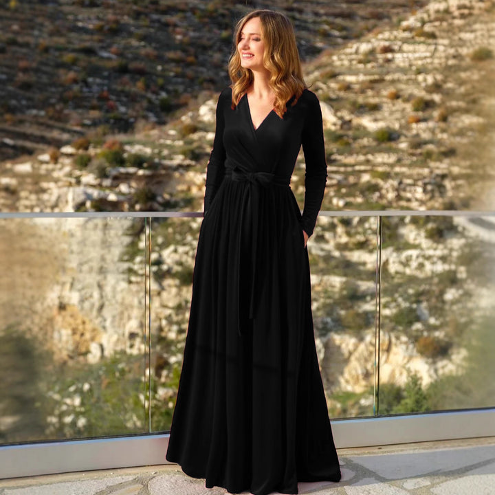 Damen nan elegantes Wickelmaxikleid aus Samt mit V-Ausschnitt, Taillengürtel und seitlichen Eingrifftaschen Drune