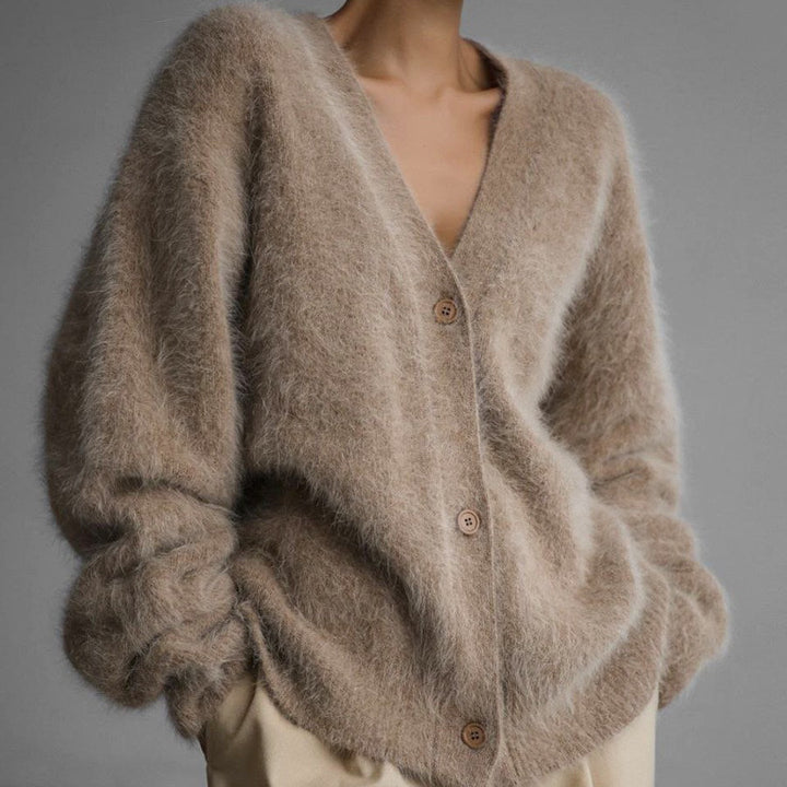 Damen Kuscheliger Oversize-Cardigan aus Teddy-Strick mit tiefem V-Ausschnitt Drune