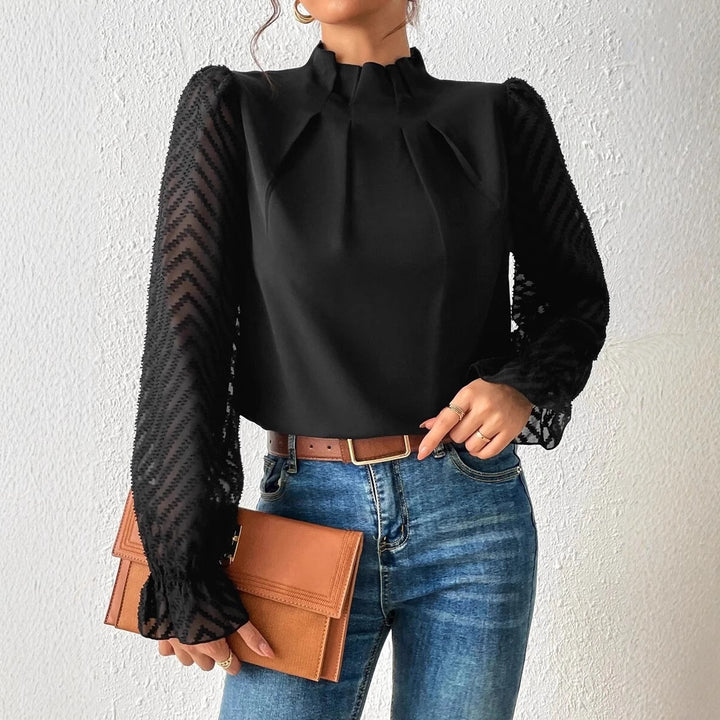 Damen elegante Bluse mit strukturierten Ärmeln und hohem Kragen Drune