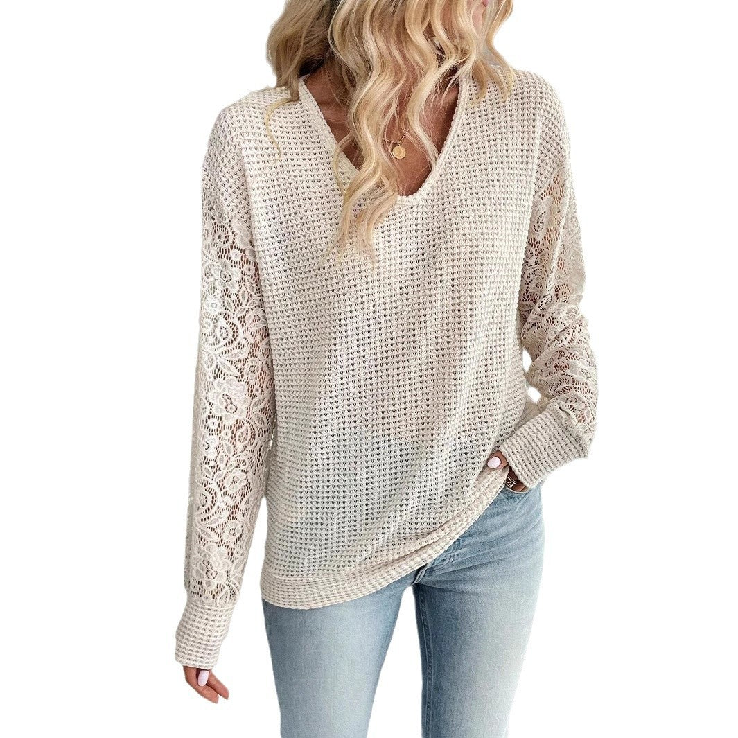 Damen nan locker geschnittener Waffelstrick-Pullover mit floralen Spitzeneinsätzen an den Ärmeln Drune