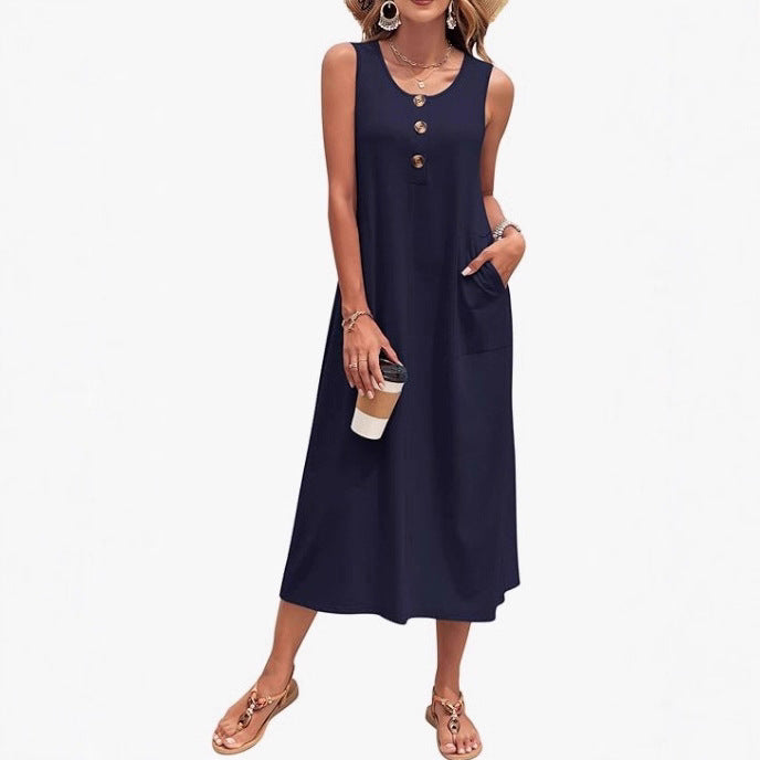 Damen Lässiges Midikleid mit Taschen und Knopfdetails Drune