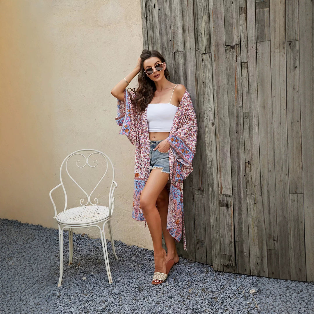 Damen Kurzer Boho-Kimono-Morgenmantel mit Bindegürtel und breiten Kimonoärmeln Drune