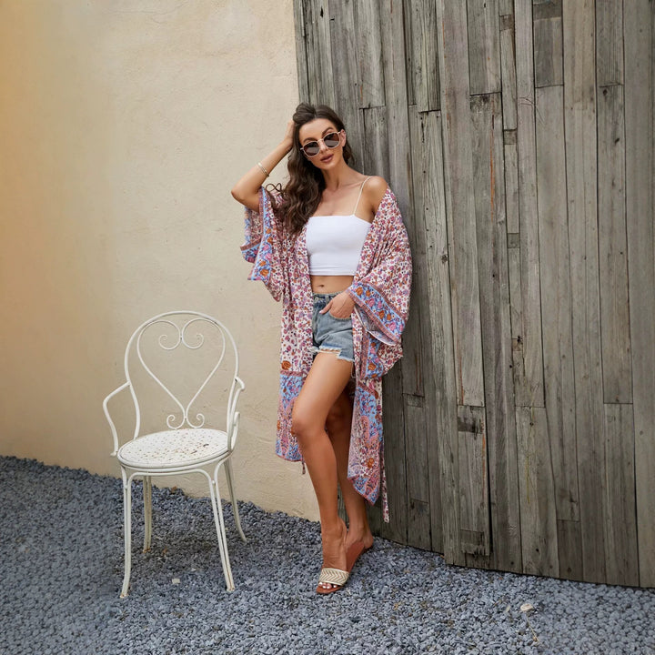 Damen Kurzer Boho-Kimono-Morgenmantel mit Bindegürtel und breiten Kimonoärmeln Drune