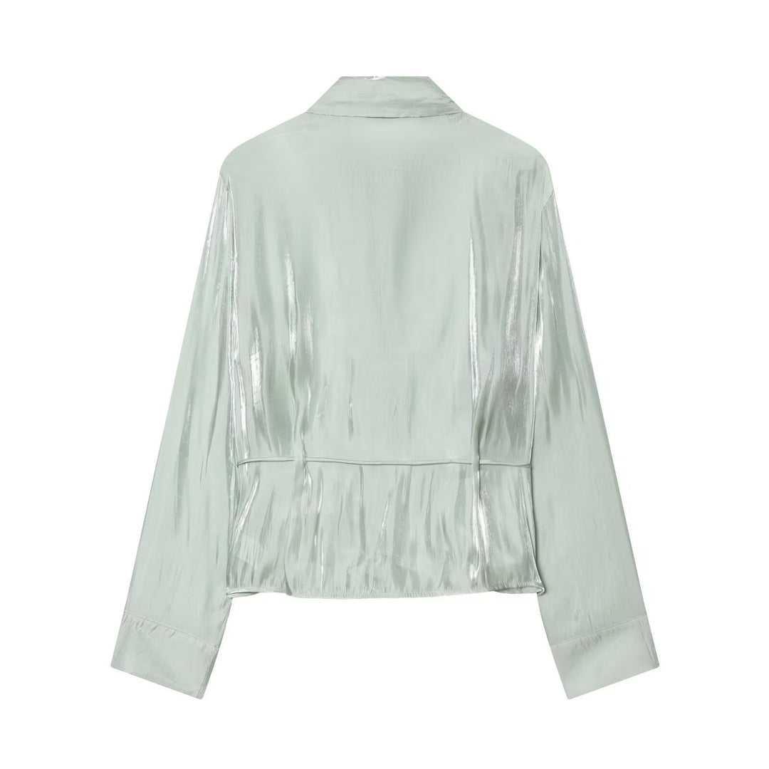 Damen schimmernde Bluse mit verstellbarem Taillenzug und elegantem Kragen Drune