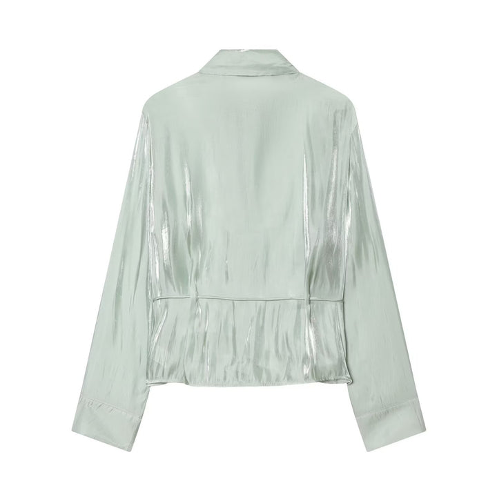 Damen schimmernde Bluse mit verstellbarem Taillenzug und elegantem Kragen Drune