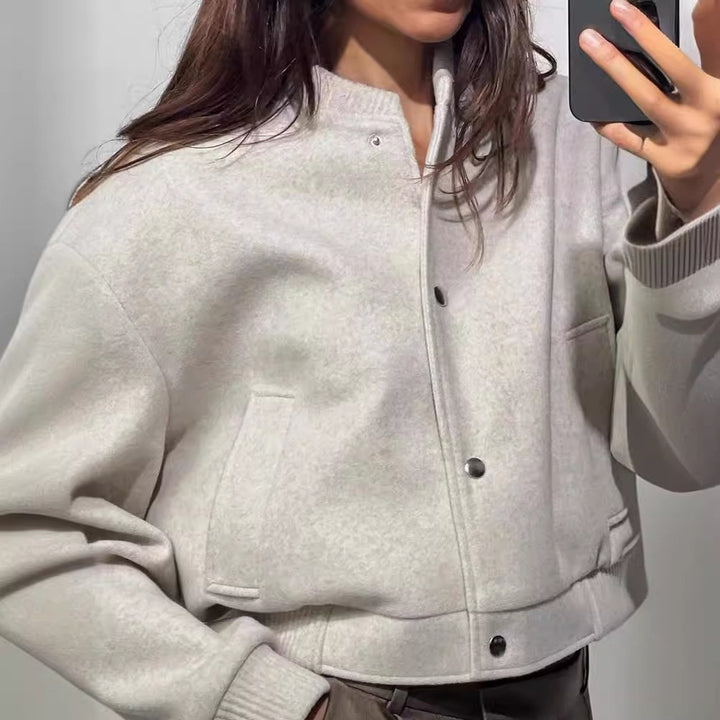 Damen Cropped Jacke mit modernem Stehkragen und Druckknopfverschluss Drune