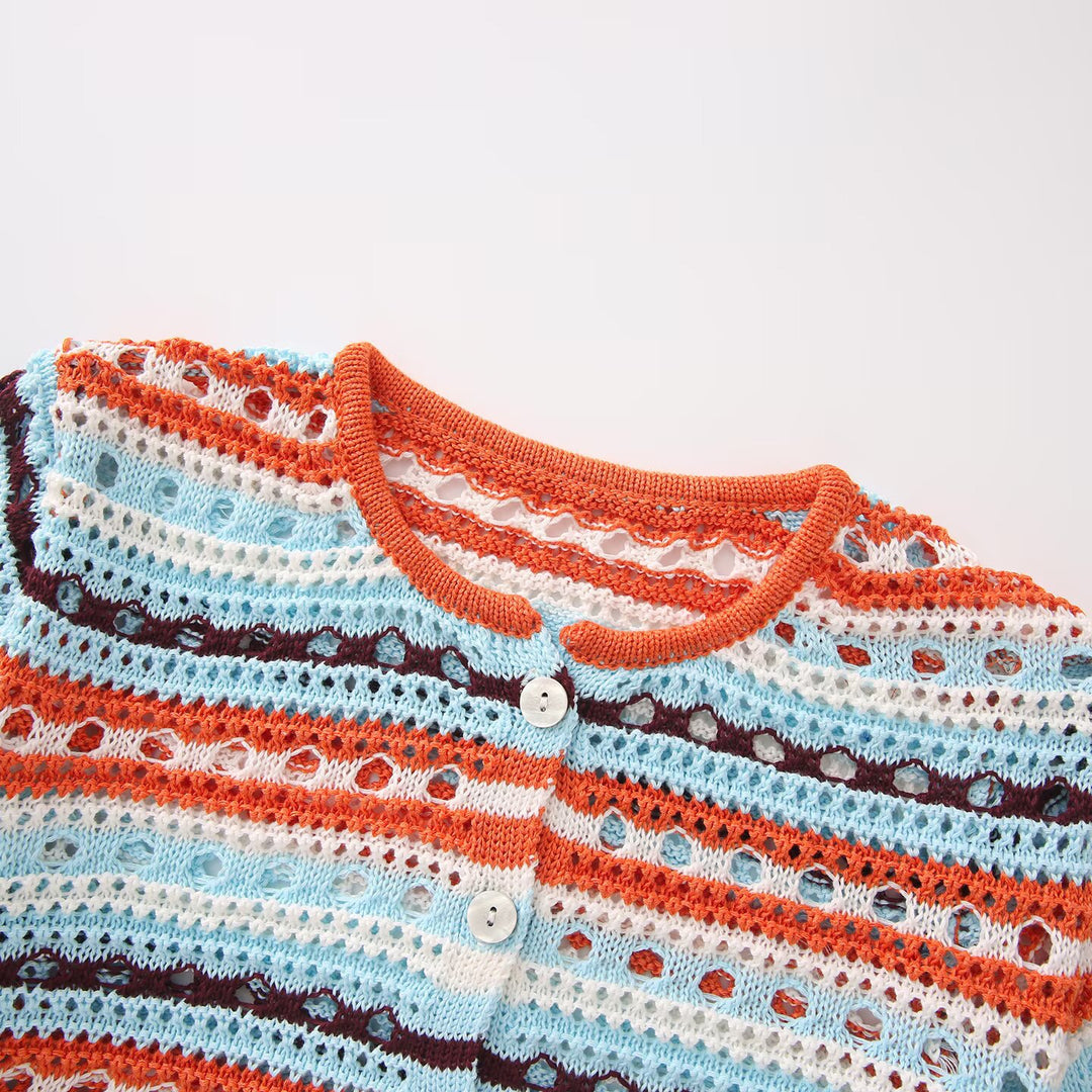 Damen Häkel-Cardigan mit Lochmuster, gestreifter Struktur und Dreiviertelärmeln Drune
