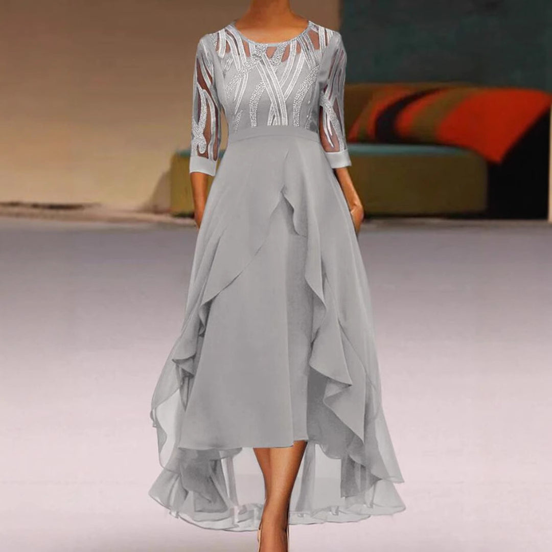 Damen nan edles Chiffon-Abendkleid mit besticktem Tülloberteil, Dreiviertelärmeln und asymmetrischem Stufen-Saum Drune