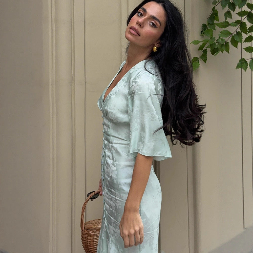 Damen Midikleid aus Jacquard mit V-Ausschnitt, Zierknopfleiste und vorderem Schlitz Drune