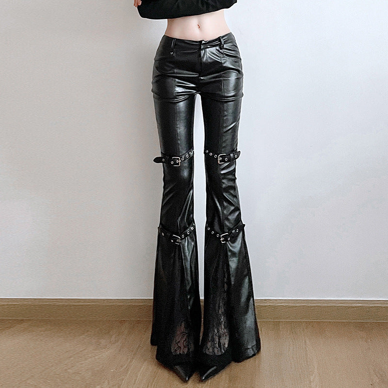 Damen Hochtaillierte Kunstleder-Hose mit ausgestelltem Schlag und doppelt geschnalltem Taillen-Gürtel Drune