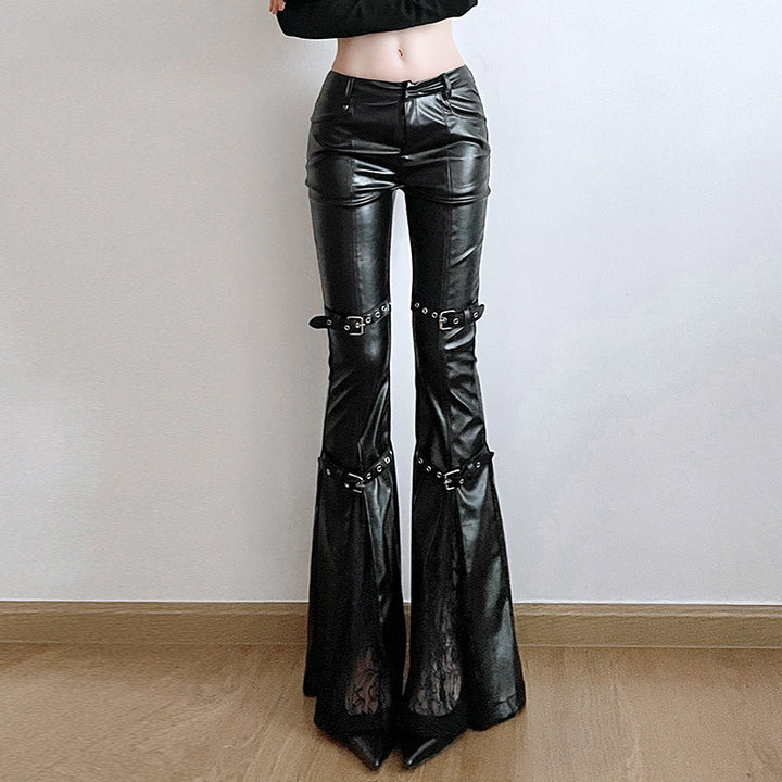 Damen Hochtaillierte Kunstleder-Hose mit ausgestelltem Schlag und doppelt geschnalltem Taillen-Gürtel Drune