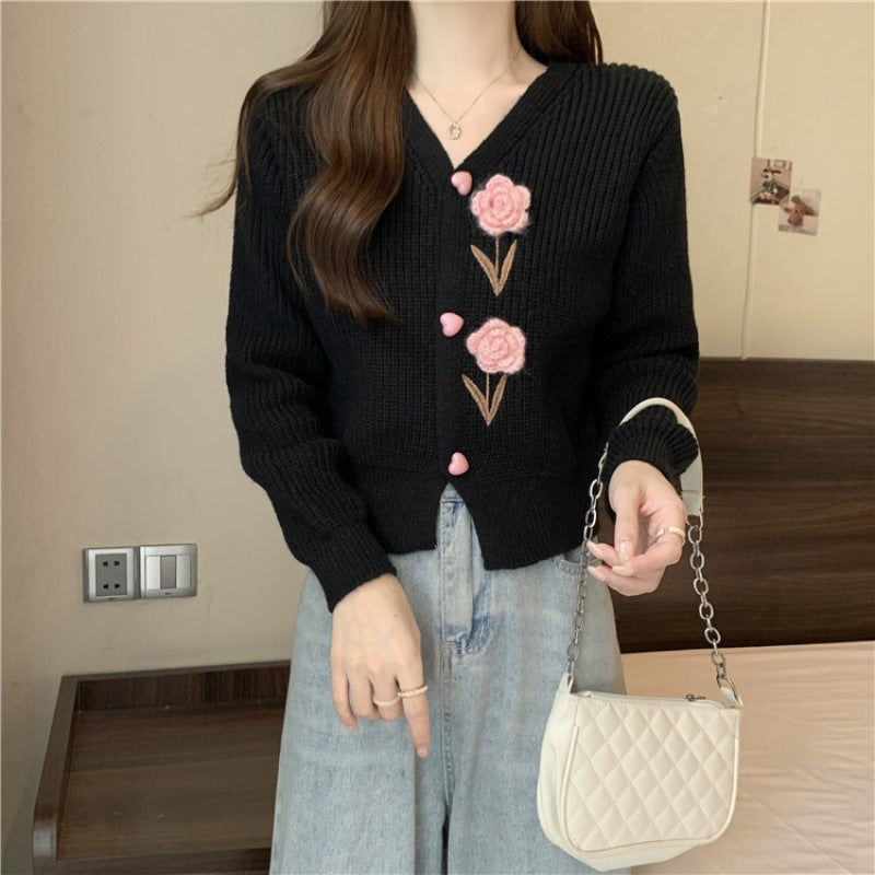 Damen Strickjacke mit floralen Applikationen und V-Ausschnitt Drune