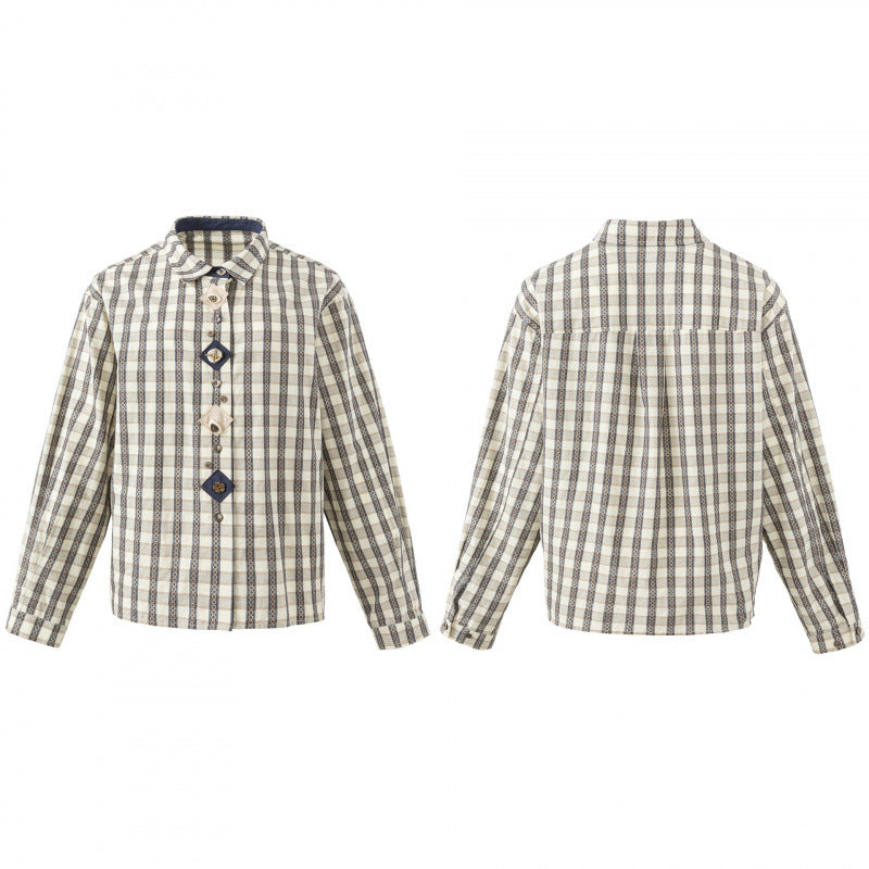 Damen Kastige Hemdjacke mit geometrischem Karomuster und dekorativer Knopfleiste Drune