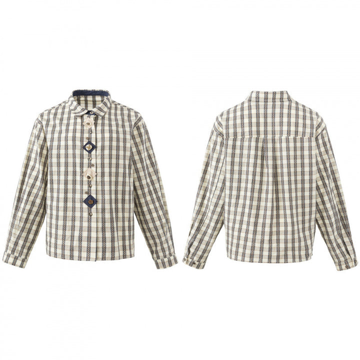 Damen Kastige Hemdjacke mit geometrischem Karomuster und dekorativer Knopfleiste Drune
