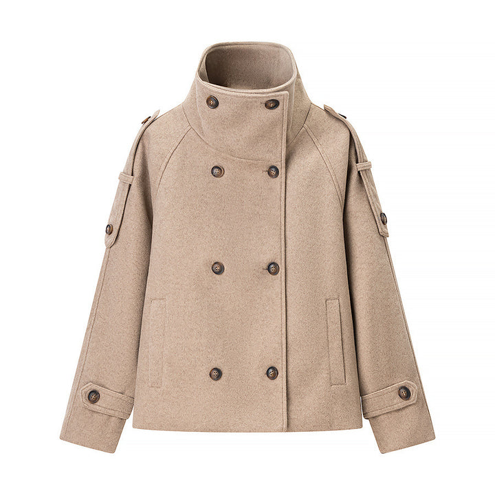 Damen Elegante Wolljacke mit hohem Kragen und dekorativen Knöpfen Drune
