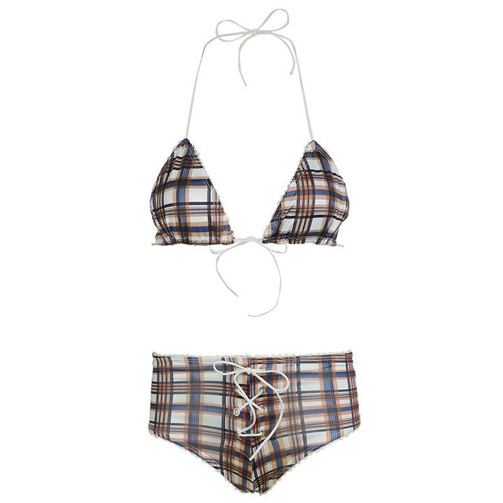 Damen Triangel-Bikini mit verspieltem Karomuster und seitlichem Schnürdetail Drune