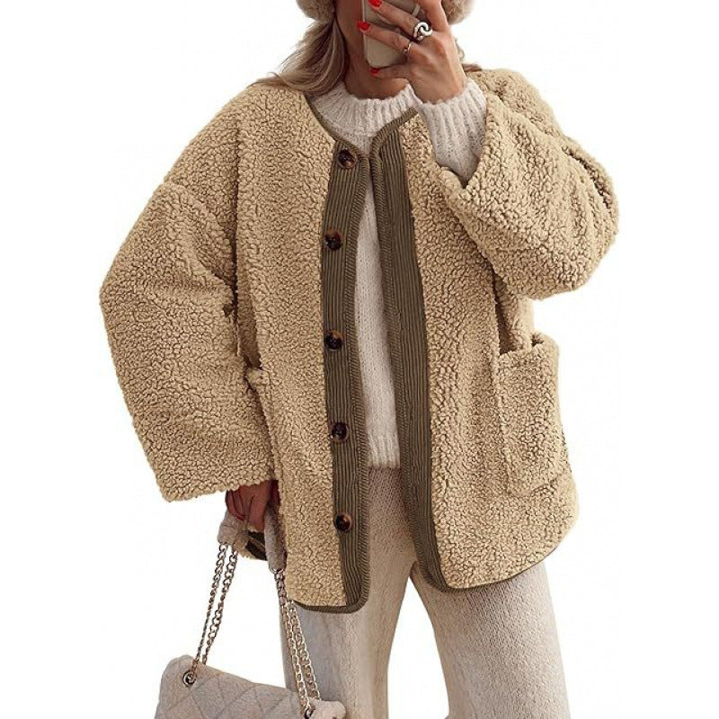 Damen Kuschelige Teddyjacke mit Knopfverschluss und aufgesetzten Taschen Drune