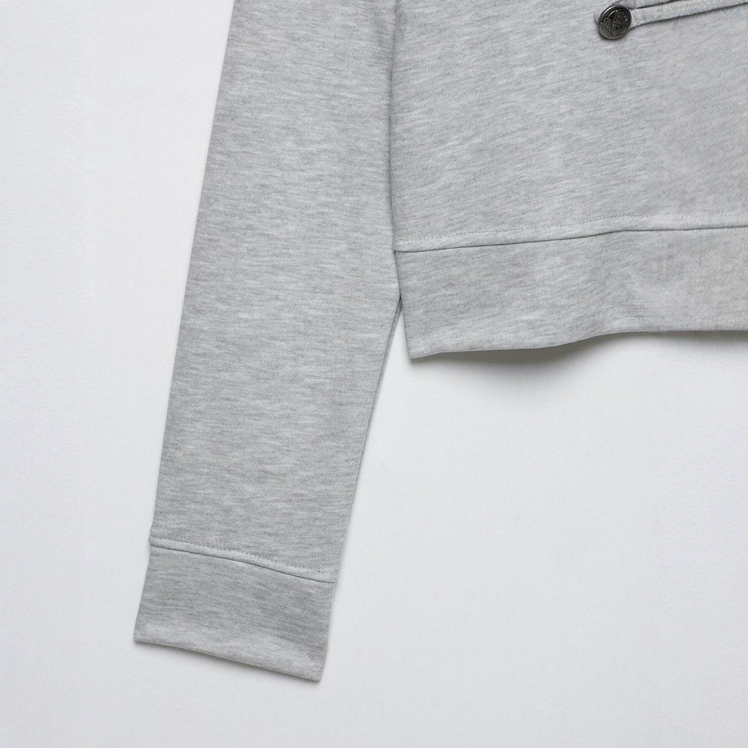 Damen Cropped-Sweatjacke mit Stehkragen und dekorativer Zierknopfleiste Drune