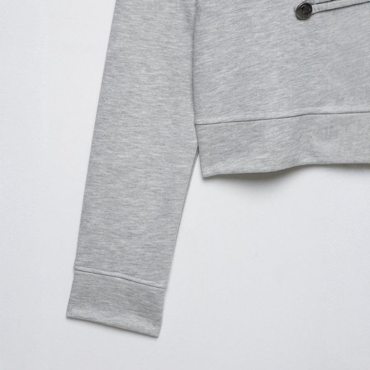 Damen Cropped-Sweatjacke mit Stehkragen und dekorativer Zierknopfleiste Drune