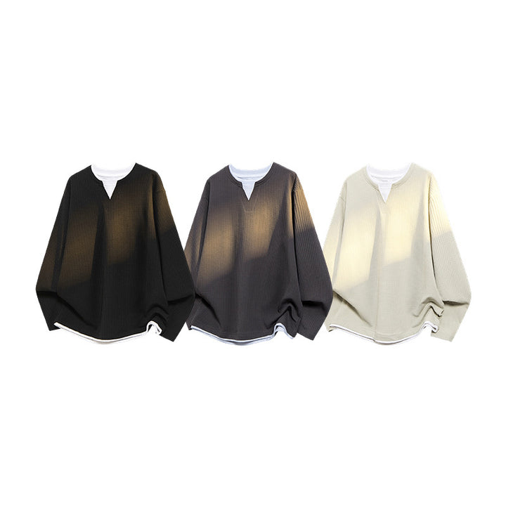 Herren Oversized Waffelstruktur-Sweatshirt mit V-Ausschnitt und Lagenoptik Drune
