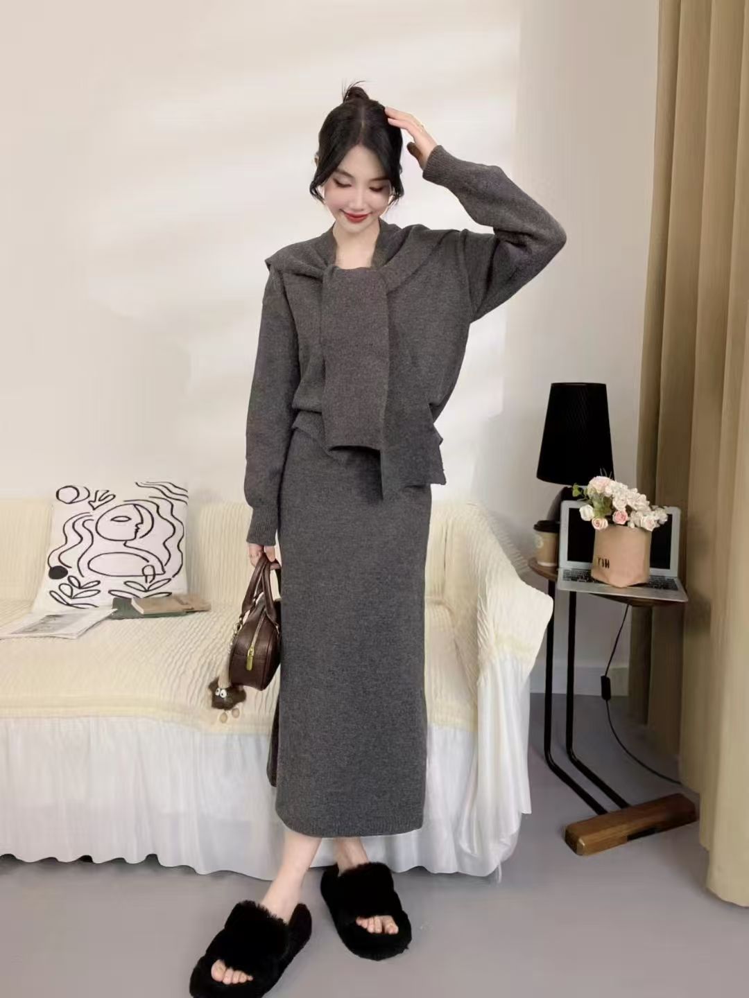 Damen Strickensemble mit modischem Kragen und eleganter Silhouette Drune