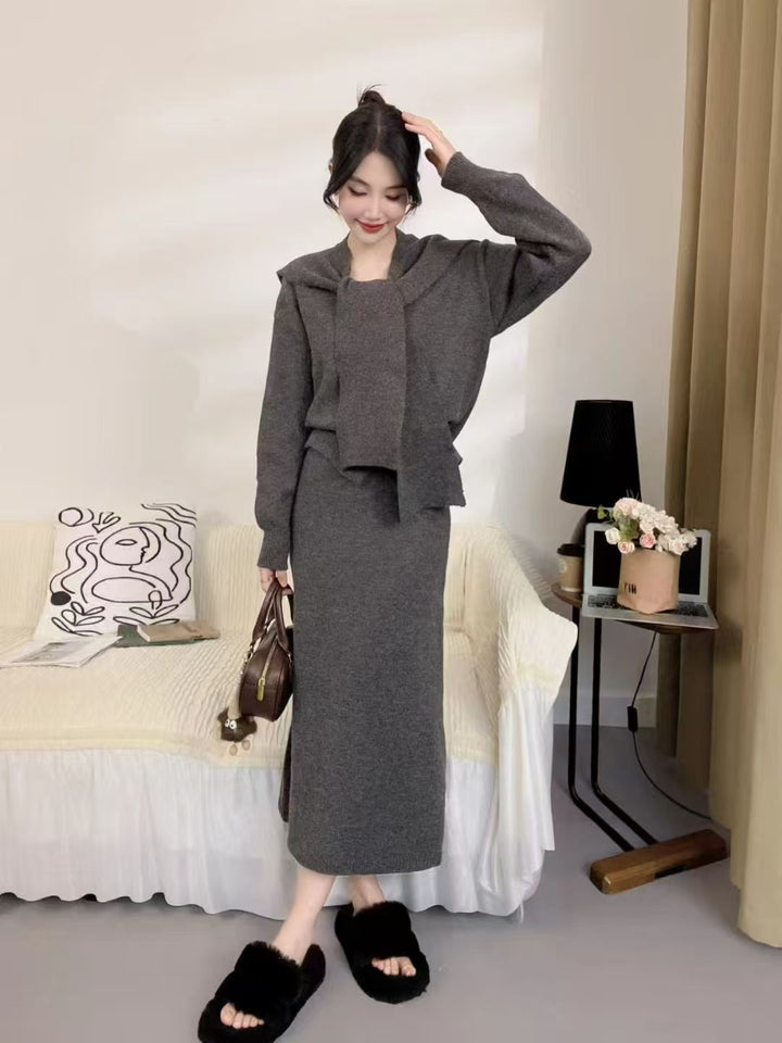 Damen Strickensemble mit modischem Kragen und eleganter Silhouette Drune