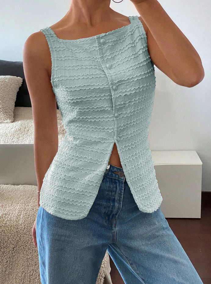 Damen Ärmelloses Struktur-Top mit Zierknopfleiste und Vorder‑Schlitz Drune