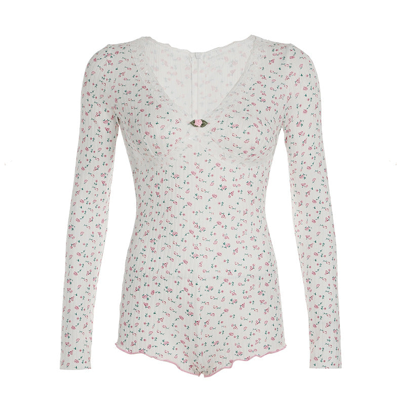 Damen Schlafbody mit zarter Spitzenverzierung und floralem Design Drune