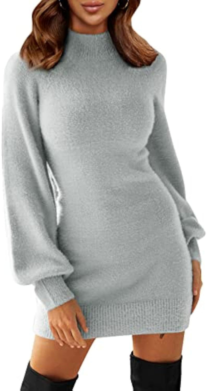Damen Tailliertes Teddy-Strick-Minikleid mit Stehkragen und Ballonärmeln Drune