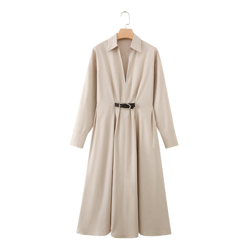 Damen Hemd-Maxikleid mit tiefem V-Ausschnitt, Taillenfalten und schmalem Gürtel Drune