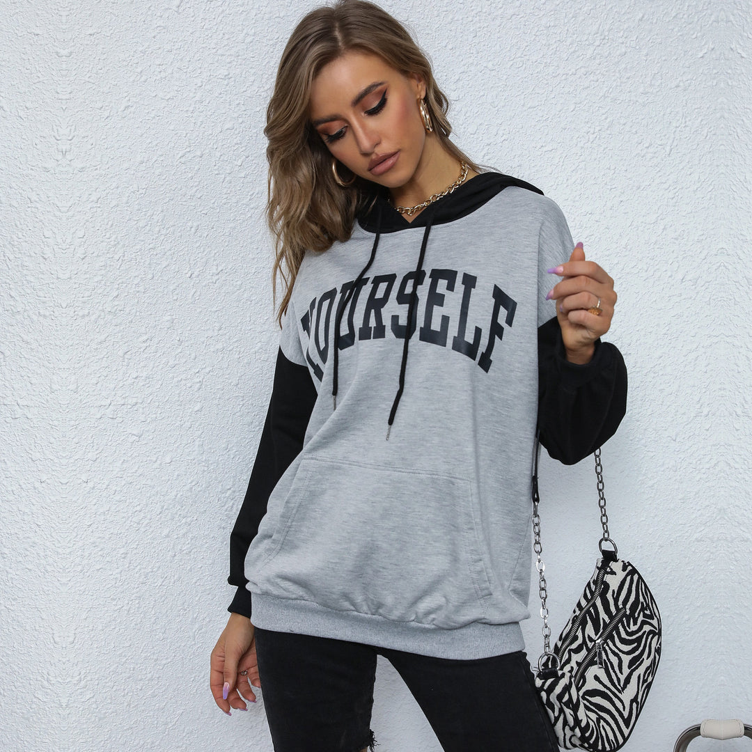 Damen Oversize-Kapuzenpullover mit College-Print, Kängurutasche und Kontrastärmeln Drune