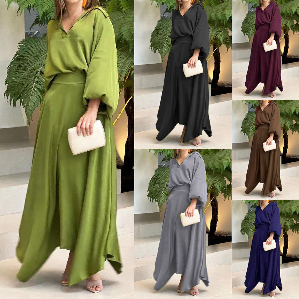Damen Elegantes Maxikleid mit Kapuzen‑V‑Ausschnitt, Ballonärmeln und fließendem Saum Drune