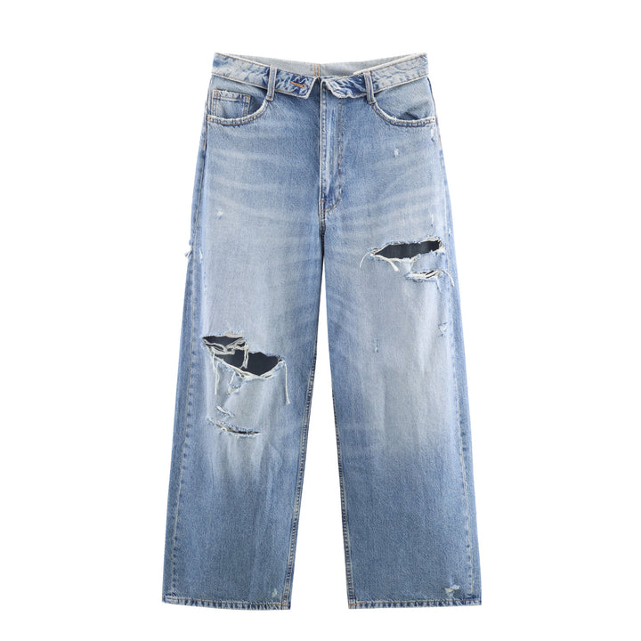 Damen nan weite Jeans mit hohem Bund abgetragenem Look geradem Bein und Fransenrissen Drune