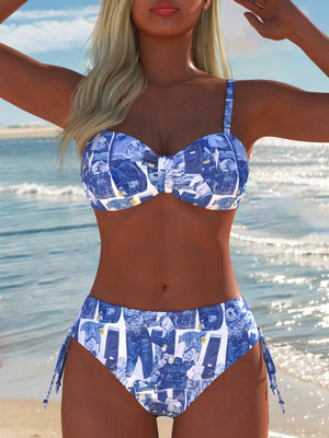 Damen Hochgeschnittener Bikini mit modischem Druck und verstellbaren Seitenbanden Drune