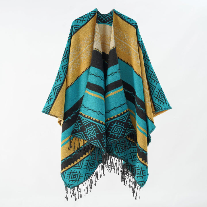 Damen Woven Jacquard-Poncho mit geometrischem Ethno-Muster und Fransensaum Drune
