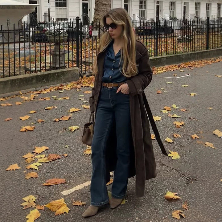 Damen Langschnitt Wildleder-Trenchcoat mit Oversize-Kragen und Bindegürtel Drune