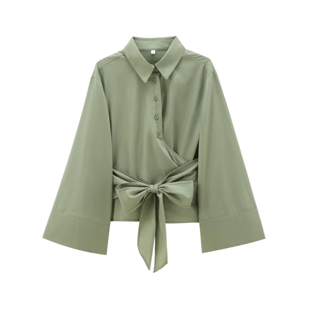 Damen 200+ elegante Wickelbluse mit weiten Kimonoärmeln und Taillenschleife Drune