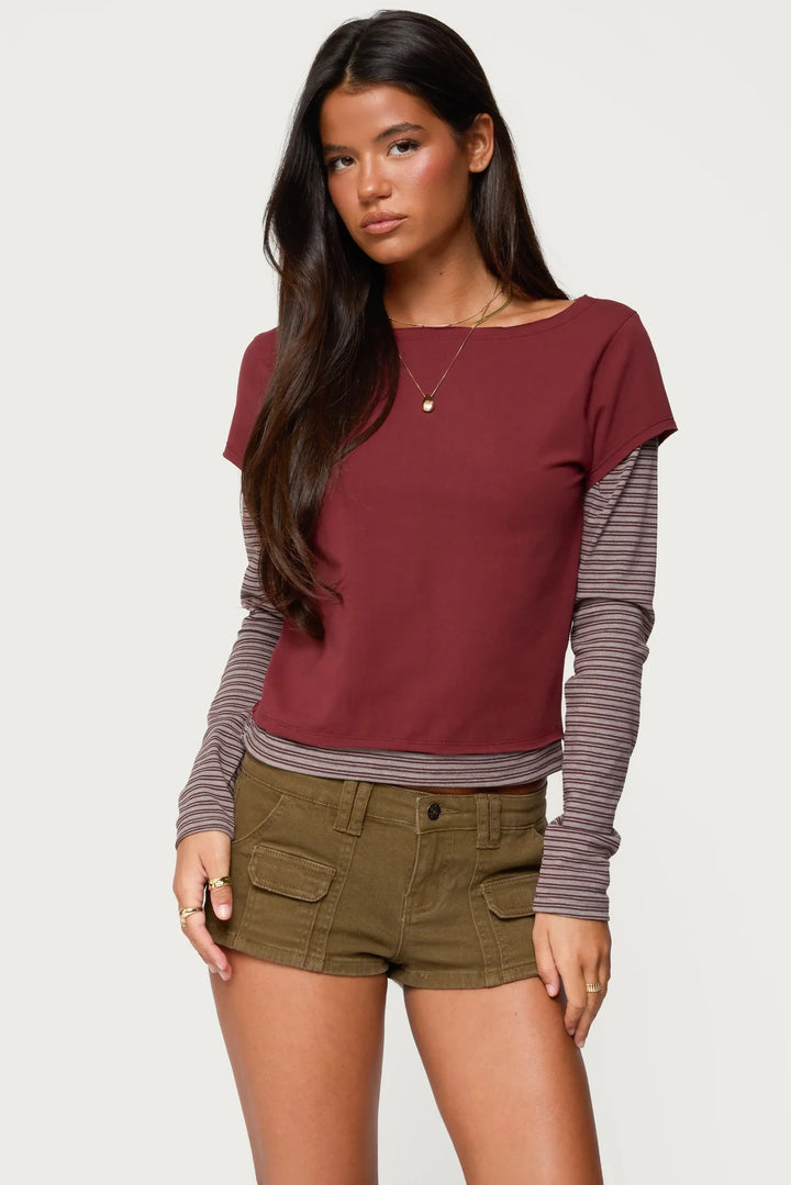Damen modisches Langarmshirt mit einzigartigen Streifen und kurzem Schnitt Drune