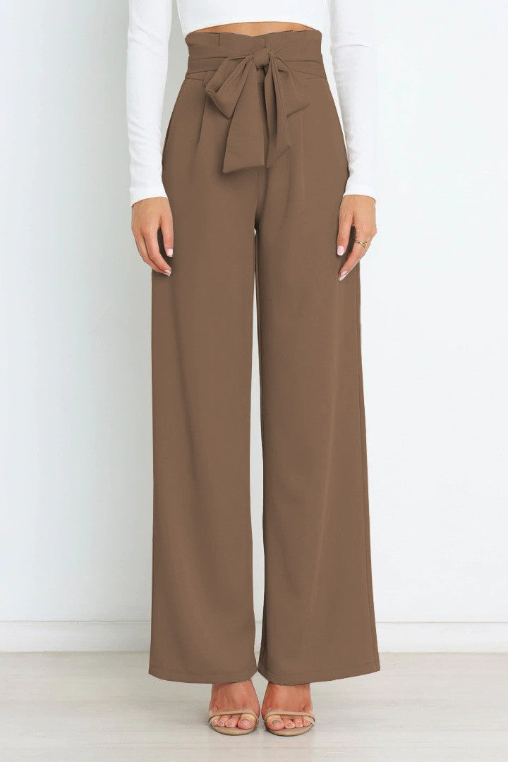 Damen Weite High-Waist Paperbag-Hose mit Bundfalten und Bindegürtel Drune