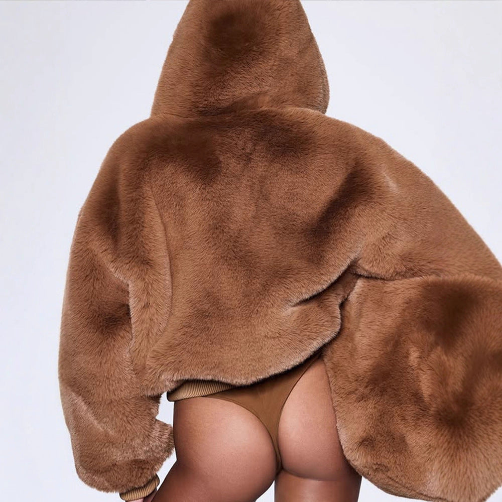 Damen Kurze Teddy-Fauxfur-Bomberjacke mit Kapuze, breitem Rippsaum und Zweiwege-Reißverschluss Drune