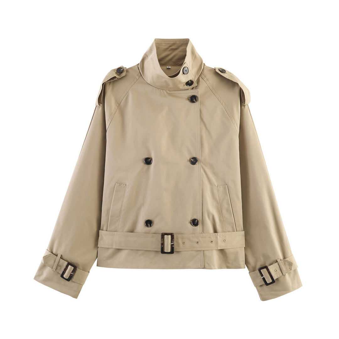 Damen 20+ kurzer Doppelreiher Trenchblouson im Boxy‑Cut mit Stehkragen Schulterklappen und verstellbarem Taillengürtel Drune