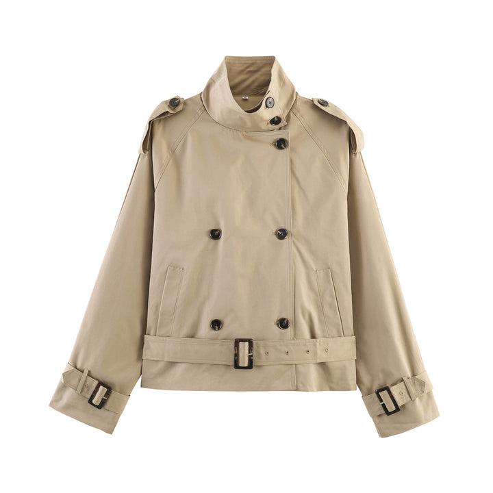 Damen 20+ kurzer Doppelreiher Trenchblouson im Boxy‑Cut mit Stehkragen Schulterklappen und verstellbarem Taillengürtel Drune