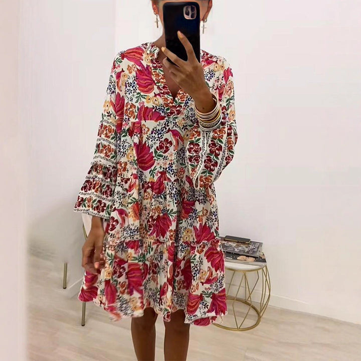 Damen nan florales Volant-Minikleid im Boho‑Stil mit V‑Ausschnitt und stufiger Silhouette Drune