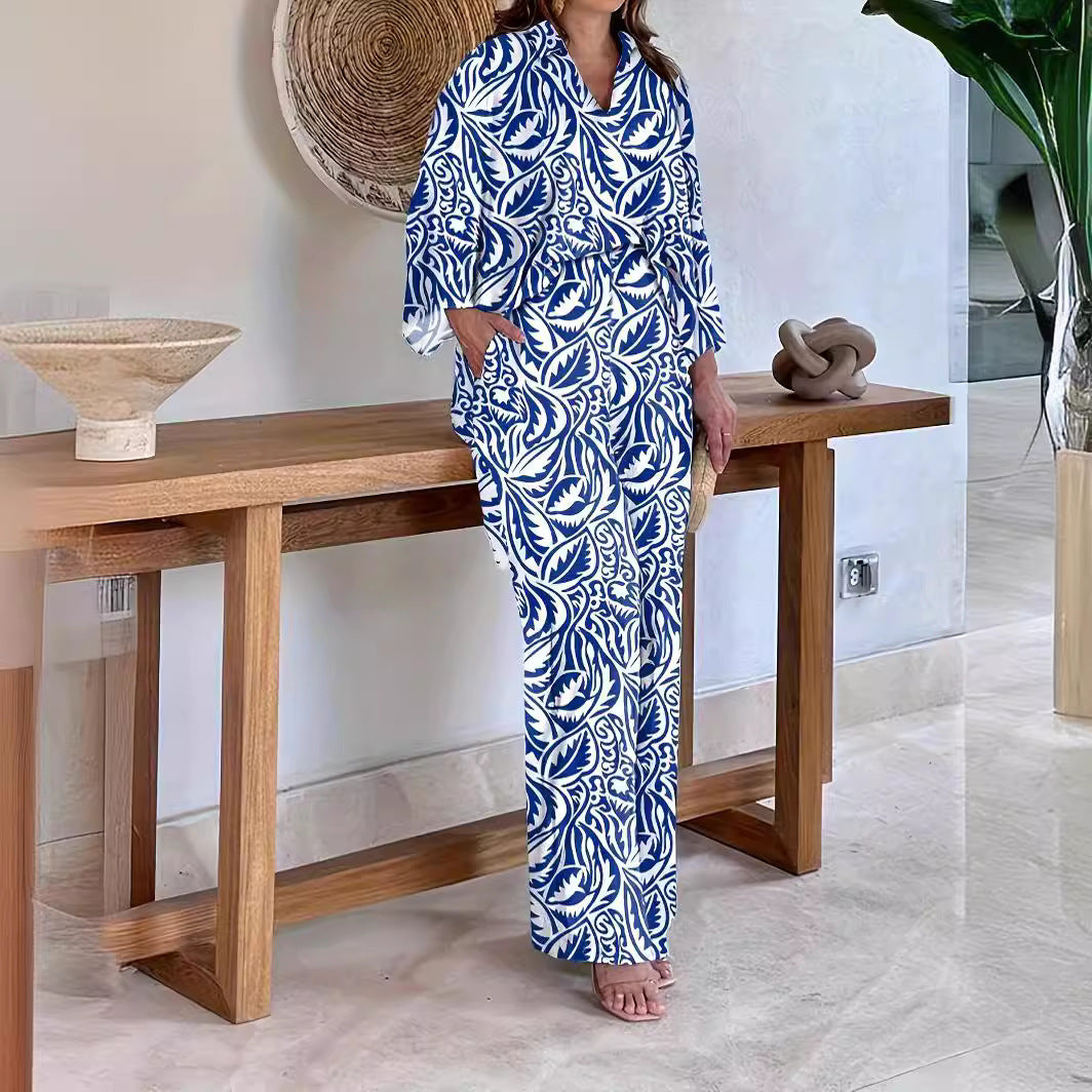 Damen Gemustertes Kimono-Lounge-Set mit weitem Palazzohose aus leichtem Viskose-Mix Drune