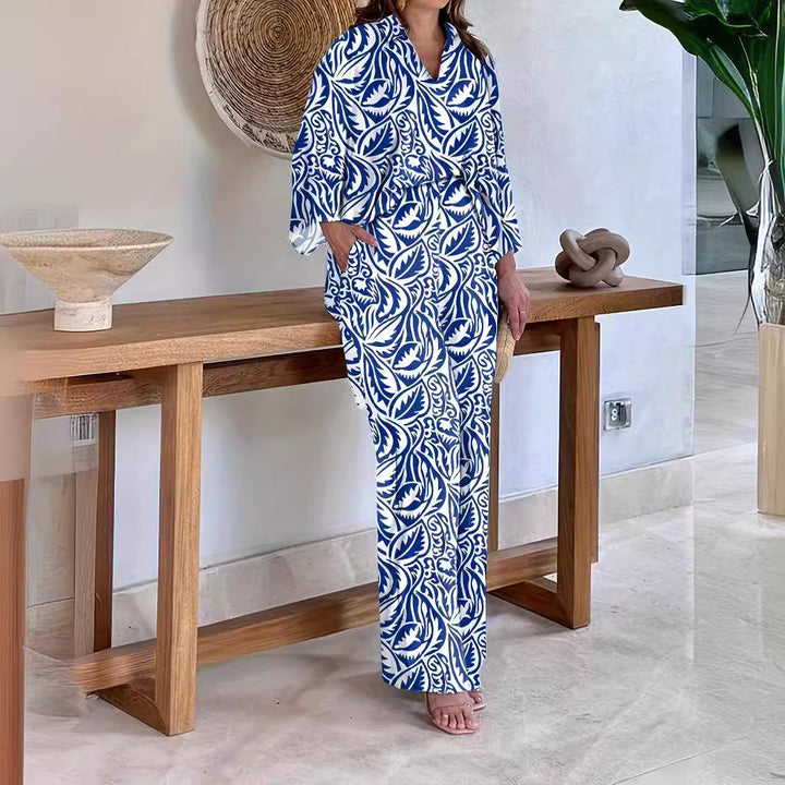 Damen Gemustertes Kimono-Lounge-Set mit weitem Palazzohose aus leichtem Viskose-Mix Drune