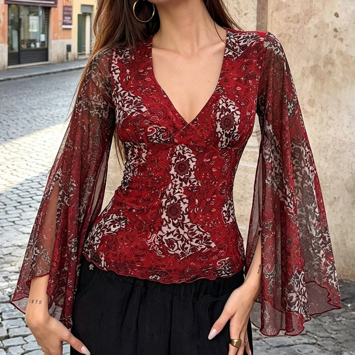 Damen Chiffonbluse mit tiefem V-Ausschnitt, ausgestellten Glockenärmeln und Paisley-Print Drune